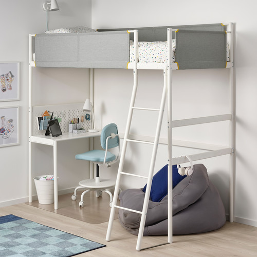 VITVAL Loft bed frame with desk top, white, light grey, 90x200 cm