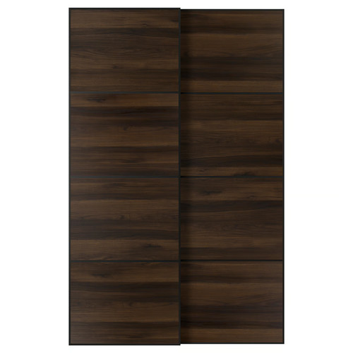 MEHAMN Pair of sliding doors, black/double sided dark brown oak effect, 150x236 cm