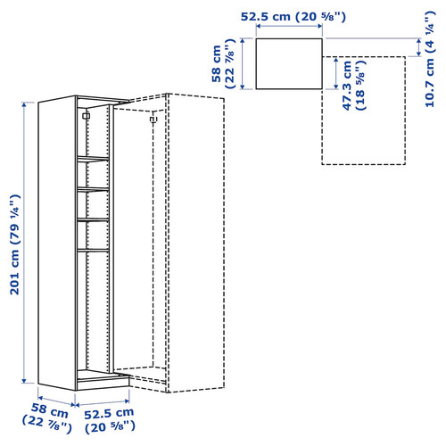 PAX Add-on corner unit with 4 shelves, beige, 53x58x201 cm