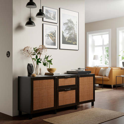 BESTÅ Storage combination with drawers, black-brown Studsviken/Stubbarp/dark brown woven poplar, 180x42x74 cm