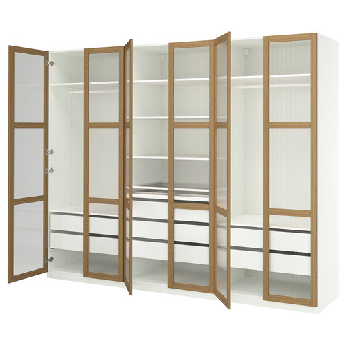 PAX / TONSTAD Wardrobe combination, white/oak veneer glass, 300x60x236 cm
