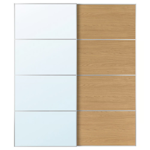 AULI / MEHAMN Pair of sliding doors, aluminium mirror glass/double sided oak effect, 200x236 cm