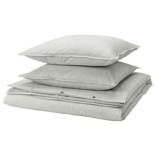 SOLFIBBLA Duvet cover and 2 pillowcases, grey white/stripe, 200x200/50x60 cm