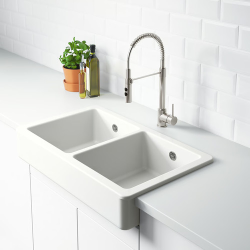 HAVSEN Sink bowl, 2 bowls w visible front, white, 82x48 cm
