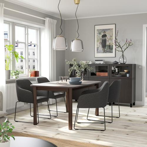 STRANDTORP / TOSSBERG Table and 4 chairs, brown/metal black/grey, 150/205/260x95 cm