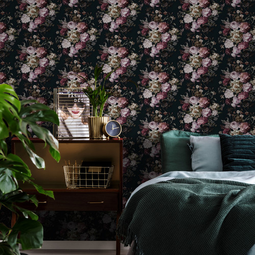 GoodHome Vinyl Wallpaper on Fleece Chryso, black/pink