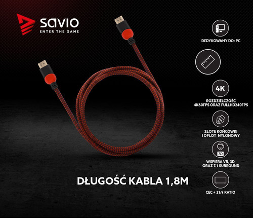 Savio HDMI Cable GCL-01 1.8m, v2.0, braid, red
