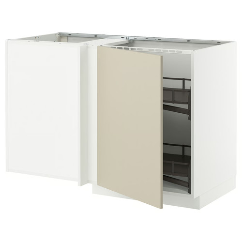 METOD Corner base cab w pull-out fitting, white/Havstorp beige, 128x68 cm