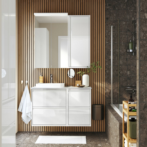 ÄNGSJÖN / BACKSJÖN Wash-stand/wash-basin/tap, high-gloss white/white marble effect, 102x49x71 cm