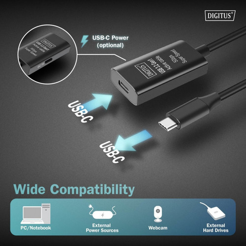 DIGITUS Active USB 3.2 Gen1 5G extension cable, USB-C - USB-C, 5m