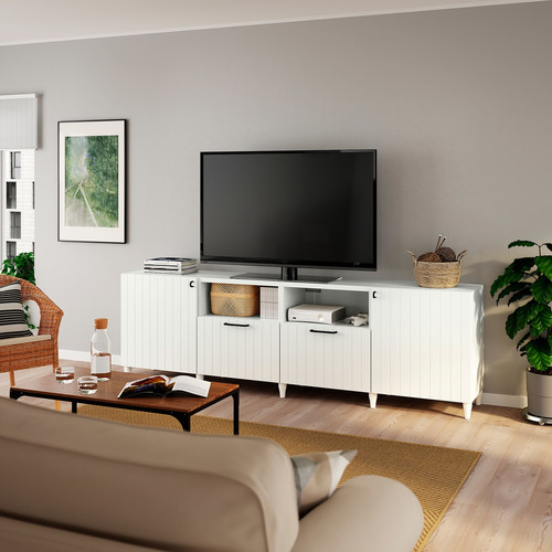 BESTÅ TV bench with doors and drawers, white, Sutterviken/Kabbarp white, 240x42x74 cm