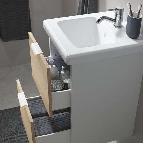 ENHET / TVÄLLEN Wash-stnd w drawers/wash-basin/tap, white/oak effect, 44x43x65 cm