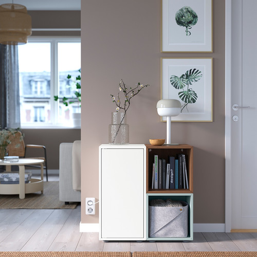 EKET Cabinet combination with feet, white/walnut effect light grey-blue, 70x35x72 cm
