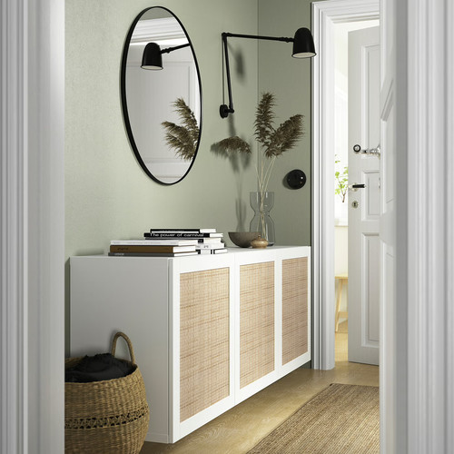 BESTÅ Wall-mounted cabinet combination, white Studsviken/white woven poplar, 180x42x64 cm