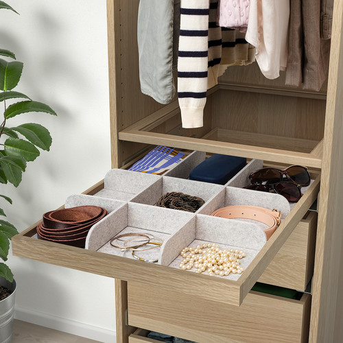 KOMPLEMENT Pull-out tray with divider, white stained oak effect, light grey, 50x58 cm