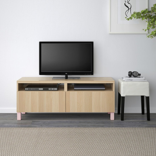 BESTÅ TV bench with drawers, white stained oak effect/Lappviken/Stubbarp pink, 120x42x48cm