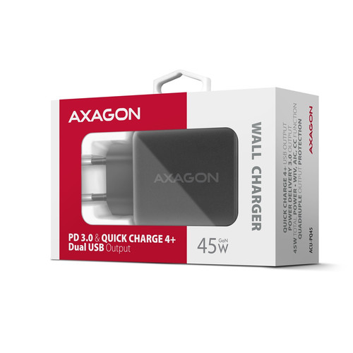 AXAGON Wall Charger EU Plug ACU-PQ45 PD&QC 2-port 45W, black