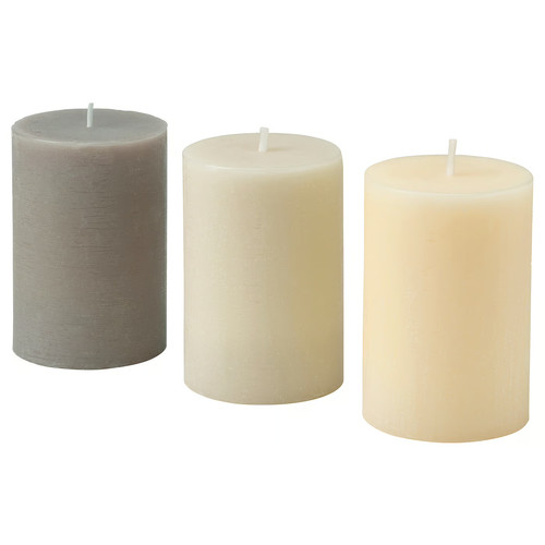 LOTSFÅGEL Scented pillar candle, Vanilla beige, 30 hr, 3-pack