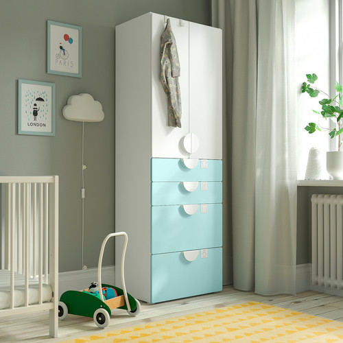 SMÅSTAD / PLATSA Wardrobe, white pale turquoise/with 4 drawers, 60x42x181 cm