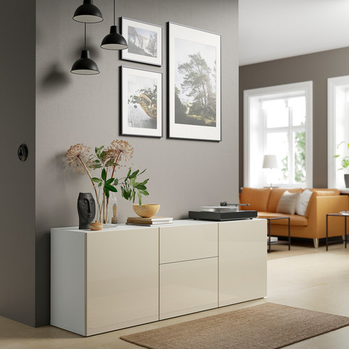 BESTÅ Storage combination with drawers, white/Selsviken high-gloss/beige, 180x42x65 cm
