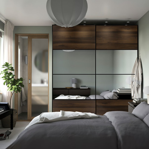 AULI / MEHAMN Pair of sliding doors, black mirror glass/double sided dark brown oak effect, 200x236 cm