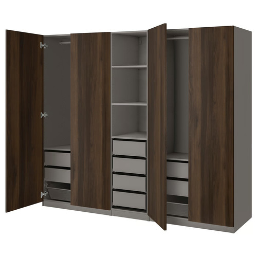 PAX / STORKLINTA Wardrobe combination, dark grey/dark brown stained oak effect, 250x58x201 cm