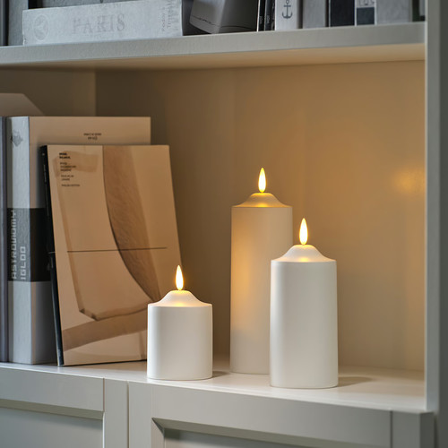 SMÅLOM LED pillar candle, battery-operated white, 19 cm