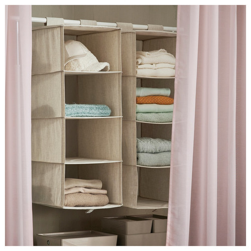 PURRPINGLA Hanging storage w 4 compartments, textile/beige, 36x45x92 cm