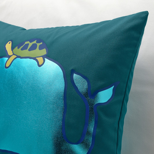 BLÅVINGAD Cushion cover, whale pattern/blue-green, 50x50 cm