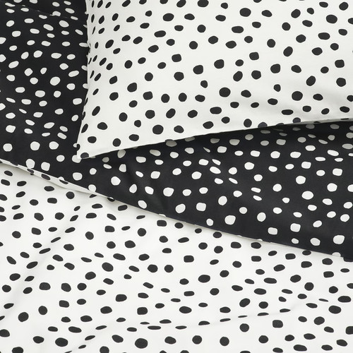 BJÖRKGRÅMAL Duvet cover and pillowcase, black white/dotted, 150x200/50x60 cm