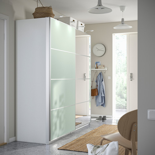 PAX / MEHAMN/AULI Wardrobe with sliding doors, white double sided/light green mirror glass, 200x66x201 cm