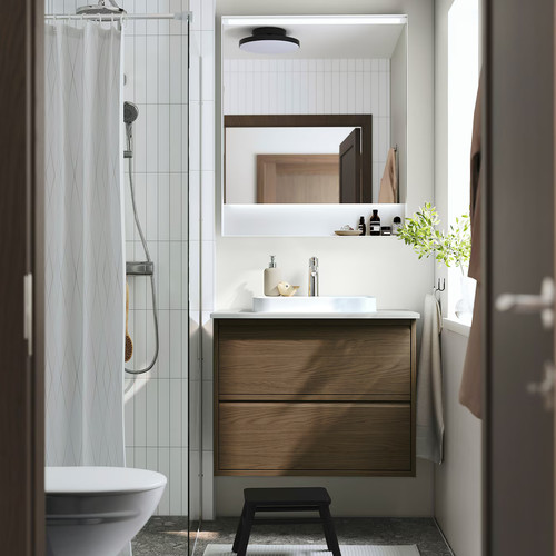 ÄNGSJÖN / BACKSJÖN Wash-stnd w drawers/wash-basin/tap, brown oak effect/grey stone effect, 82x49x71 cm