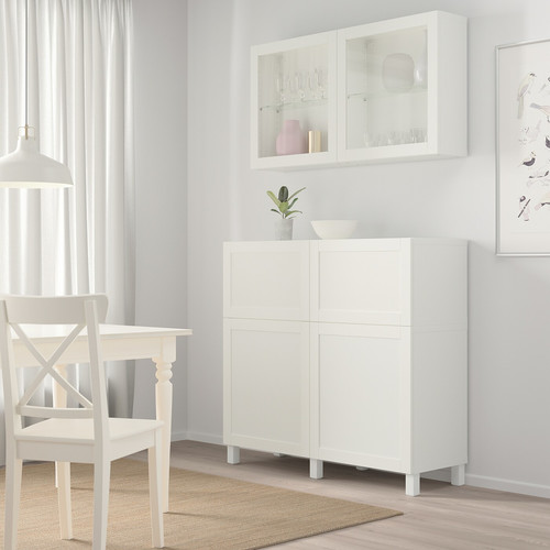 BESTÅ Storage combination w doors/drawers, white/Hanviken/Stubbarp white clear glass, 120x42x213 cm