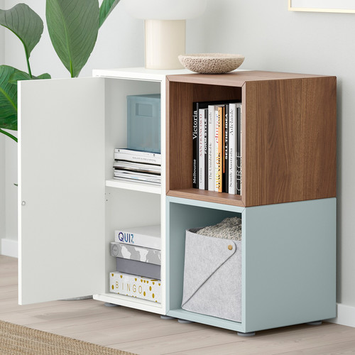 EKET Cabinet combination with feet, white/walnut effect light grey-blue, 70x35x72 cm