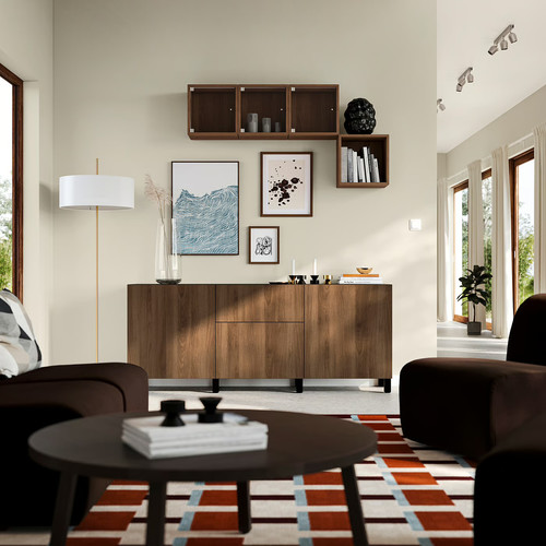 BESTÅ Storage combination with drawers, black-brown/Lappviken/Stubbarp walnut effect, 180x42x74 cm