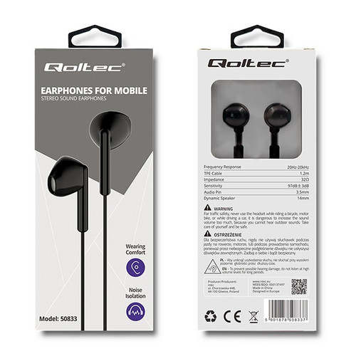 Qoltec In-ear Headphones with Microphone, black