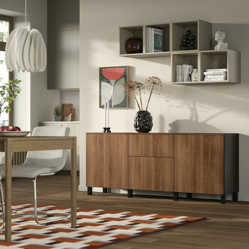 BESTÅ Storage combination with drawers, black-brown/Lappviken/Stubbarp walnut effect, 180x42x75 cm