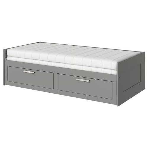 BRIMNES Day-bed w 2 drawers/2 mattresses, grey/Åfjäll firm, 80x200 cm