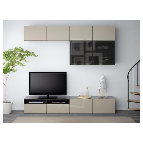 BESTÅ TV storage combination/glass doors, black-brown/Selsviken high-gloss/beige smoked glass, 240x42x231 cm