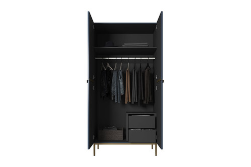 Wardrobe Nicole with Drawer Unit 100 cm, dark blue, gold legs