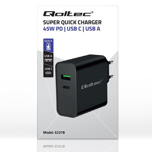 Qoltec Super Quick PD Charger EU Plug 1xUSB C, 1xUSB, 45W