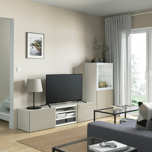 BESTÅ TV storage combination/glass doors, white/Selsviken high-gloss/beige clear glass, 240x42x129 cm