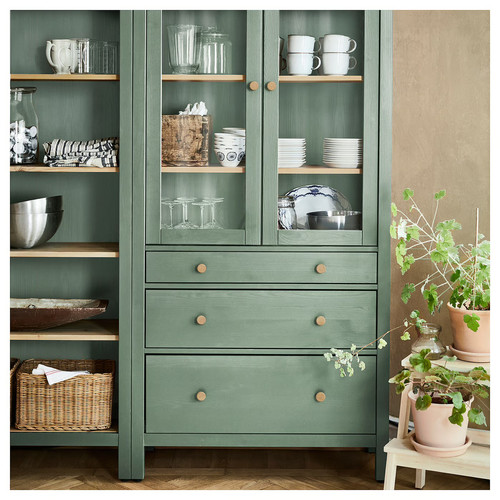 HEMNES Storage combination w doors/drawers, grey-green/light brown stained, 270x197 cm