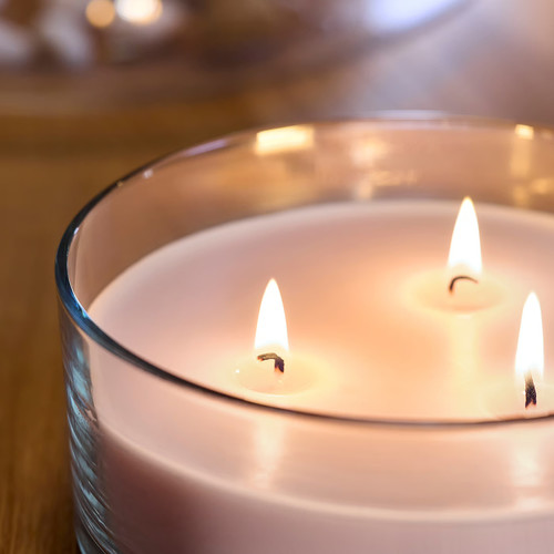 LOTSFÅGEL Scented candle in glass, 3 wicks, Pink flowers pale pink, 25 hr