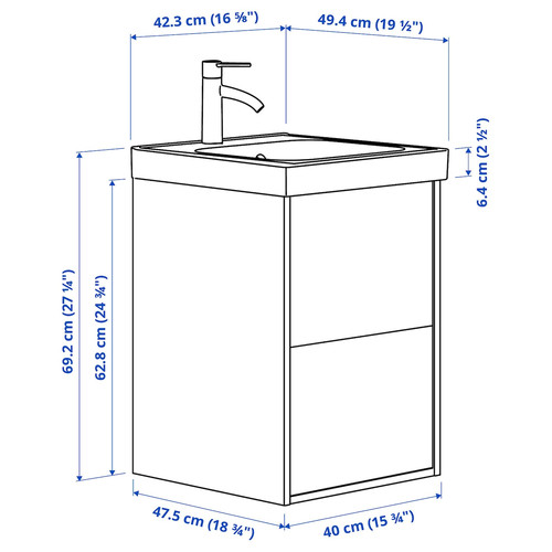 ÄNGSJÖN / ORRSJÖN Wash-stnd w drawers/wash-basin/tap, brown oak effect, 42x49x69 cm