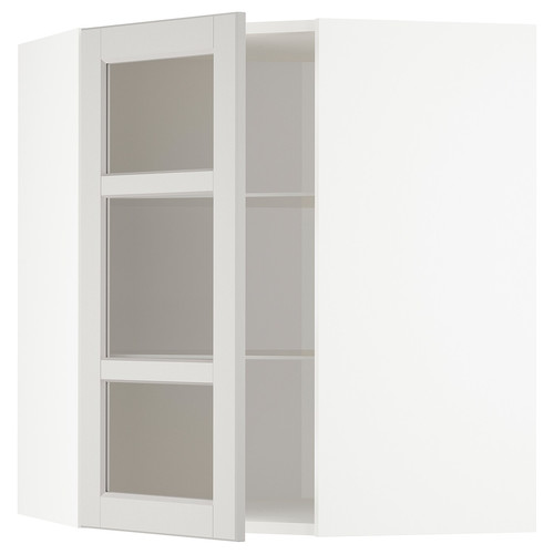 METOD Corner wall cab w shelves/glass dr, white/Lerhyttan light grey, 68x80 cm