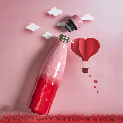 Water Bottle 500ml, hearts, pink-red