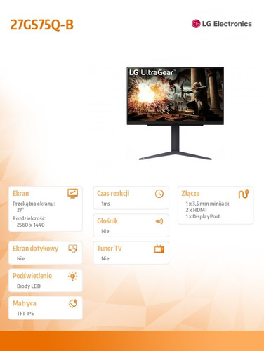LG 27" Monitor 27GS75Q-B QHD UltraGear 200Hz 1ms 300cd Pivot