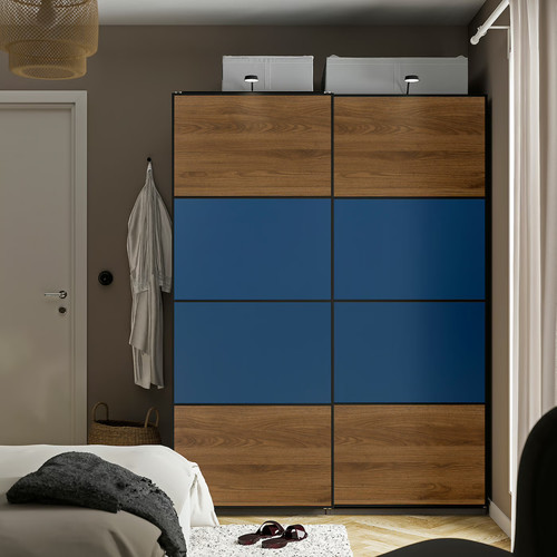 MEHAMN 4 panels for sliding door frame, walnut effect/blue, 75x201 cm