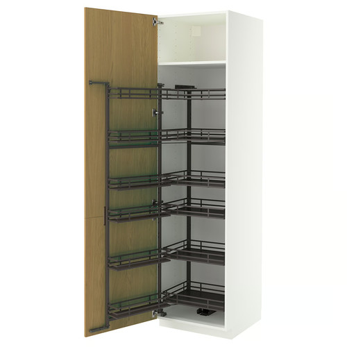 METOD High cabinet with pull-out larder, white/Sinarp oak veneer, 60x60x220 cm